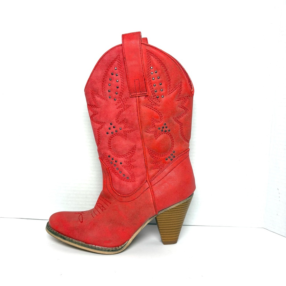 Very Volatile Red Cowgirl‎ Boots Distressed Western Coastal Cowgirl Vegan Size 7